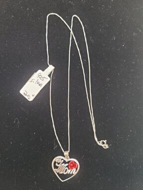 Sterling Silver Heart  '#1 Mom' Necklace with Red Rose Accent 20" Chain